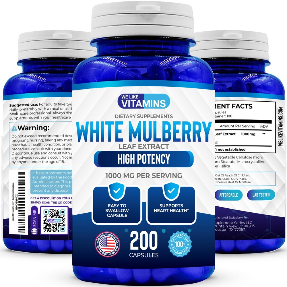 White Mulberry 1000mg 200 Capsules Support Blood Sugar Cholesterol Levels