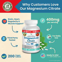 BEST MAGNESIUM CITRATE 400 MG – 200 CAPSULES – HIGH ABSORPTION PURE MADE IN USA
