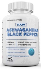 Black Pepper Root Powder Ashwagandha Capsules 60ct 1300mg Supplement w/