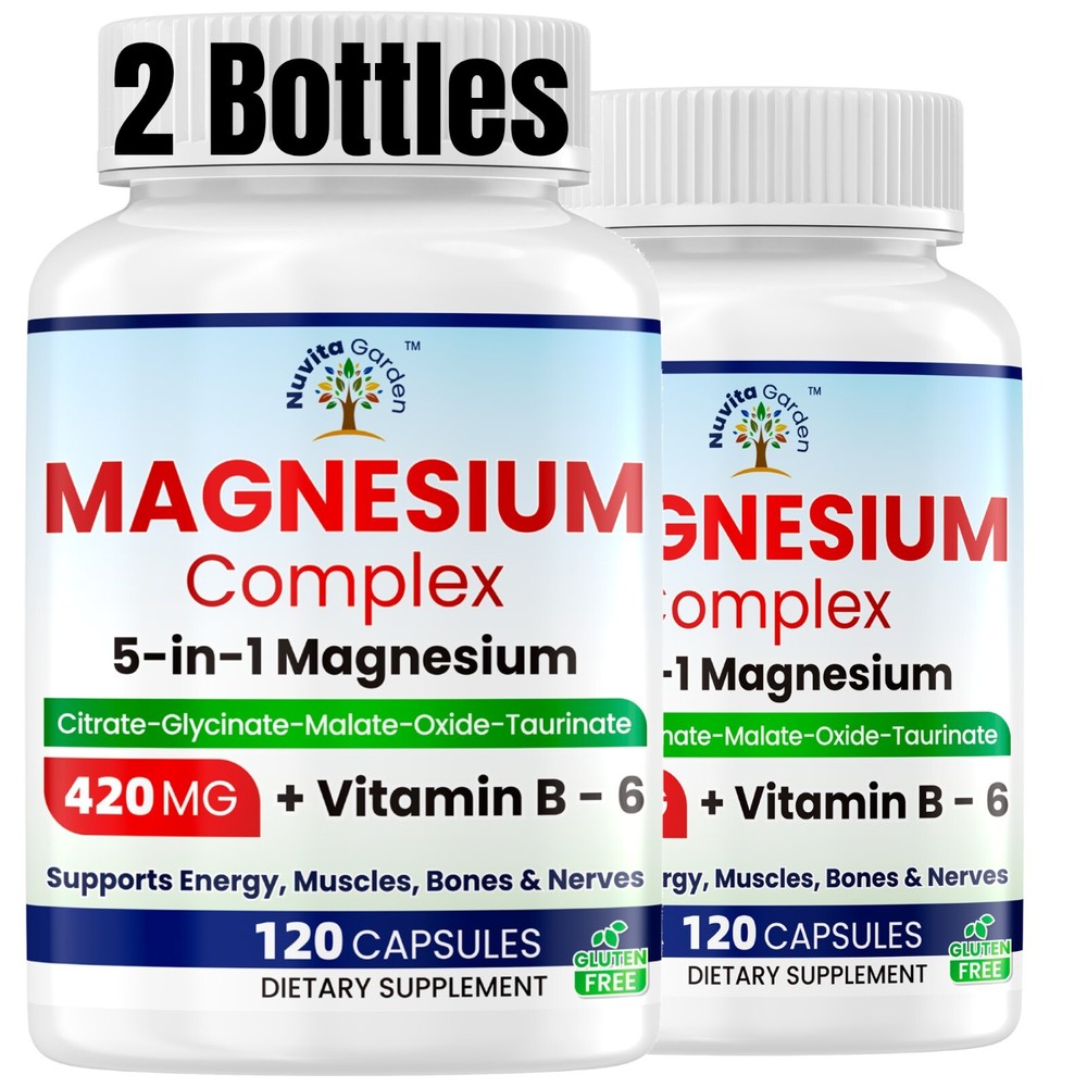 2 Pack 5-in-1 Magnesium Complex Supplement & Vitamin B-6 for Sleep Muscle Heart