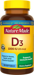 Vitamin D3 1000 IU Softgels, Bone & Immune Support, 100 Count Tablets