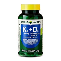 Spring Valley Vitamin K2 (90mcg) + D3 (125mcg) Vegetarian Capsules, 90 Count