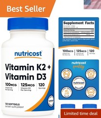 Vitamin D3 + K2 5000 IU D3 / 100mcg MK7, 120 Softgels – Gluten-Free & Non-GMO