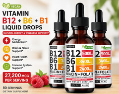 3 Pack Vitamin B Complex Liquid Drops, Raspberry Flavor Daily Nutrient Supports