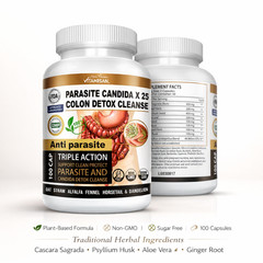Potent Candida Cleanse support capsules and Detox with Herbs Enzymes Yeast #1