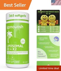 Liposomal D3 K2 MK-7 – 365 Mini softgels with Organic Coconut Oil – 5000 IU 1…