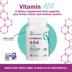 ADK Vitamin Supplement w/ Vitamins A, D3, K2 as MK7 for Bone Heart Immune Health
