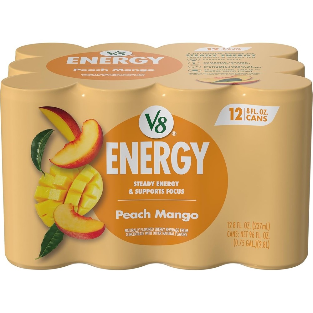 Deliciously Energizing Peach Mango Drink – 80 mg Caffeine, 12 x 8 oz Cans