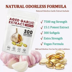 Odorless Garlic 7500mg Per Servings, 300 Softgels 2 Years Aged Garlic Extra