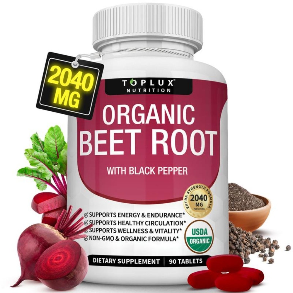 Toplux Organic Beet Root Tablets | 2040mg with Black Pepper, 90 Count