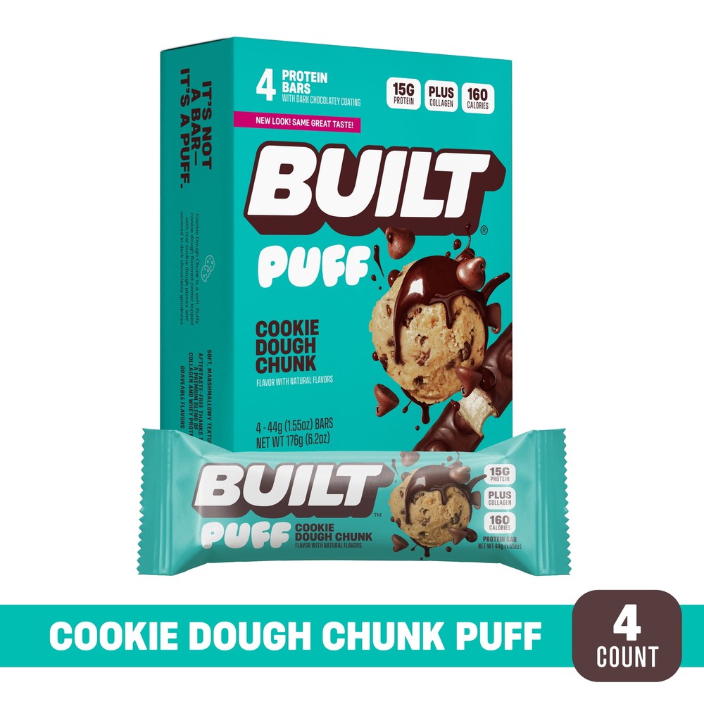 BUILT Bar Cookie Dough Puff, 15g Protein, 4 Count, 1.55 oz Bars (4 Pack)