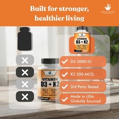 Vitamin D3 5000IU plus Vitamin K2 as MK-7 200mcg , 120 Veggie Caps, 120 Servings