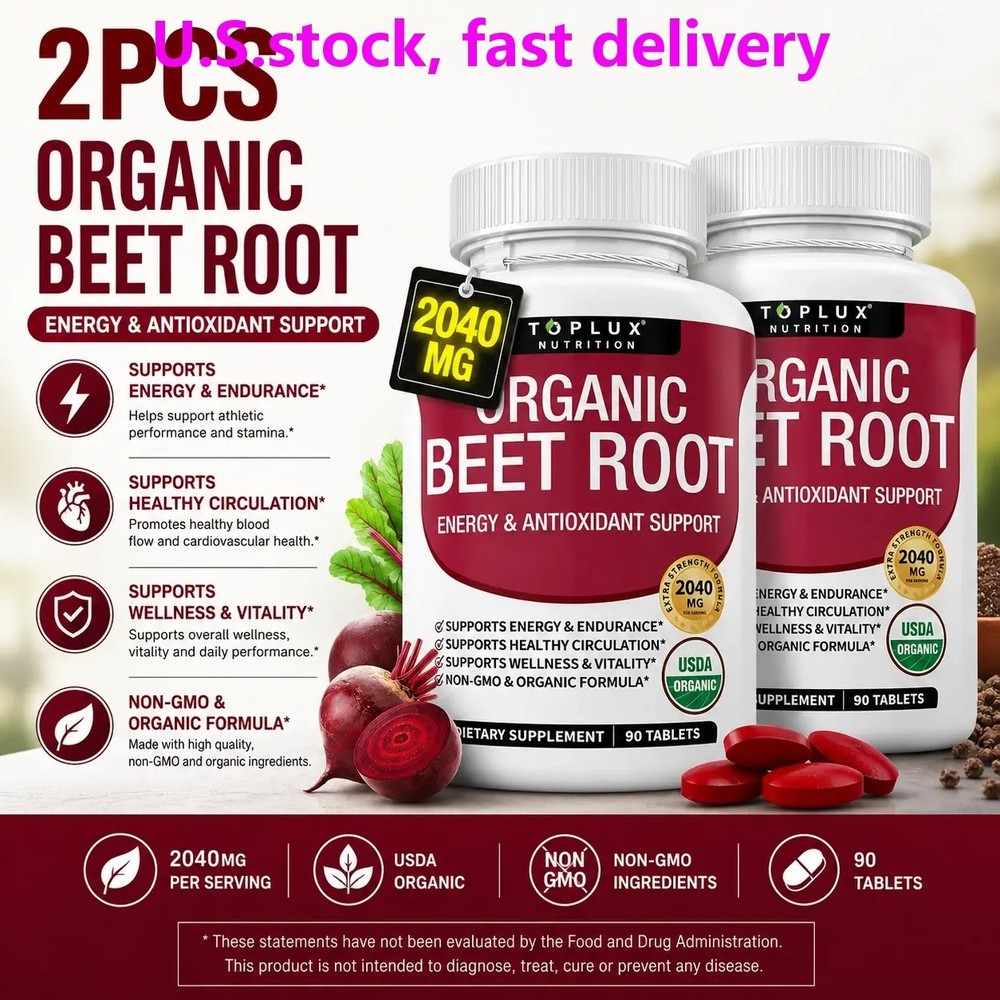 2 BOTTLES–NEW TopLux Organic Beet Root 2040mg––Energy Circulation & Antioxidant