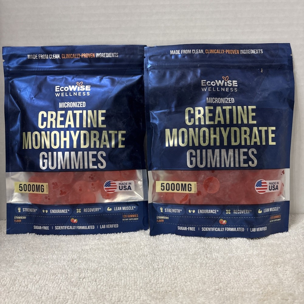 EcoWise Wellness Creatine Monohydrate Gummies 5000mg Strawberry 120Ct – Lot Of 2
