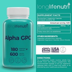Alpha GPC Choline Supplement 600mg – 180 Vegetarian 180 Count (Pack of 1)