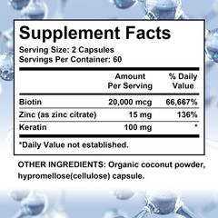 Biotin Supplement 20000mcg Keratin Coconut Zinc Growth Nails Hair Skin 30/60/120