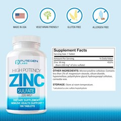 Zinc 220mg [High Potency] Supplement – Sulfate for 100 Count (Pack of 1)