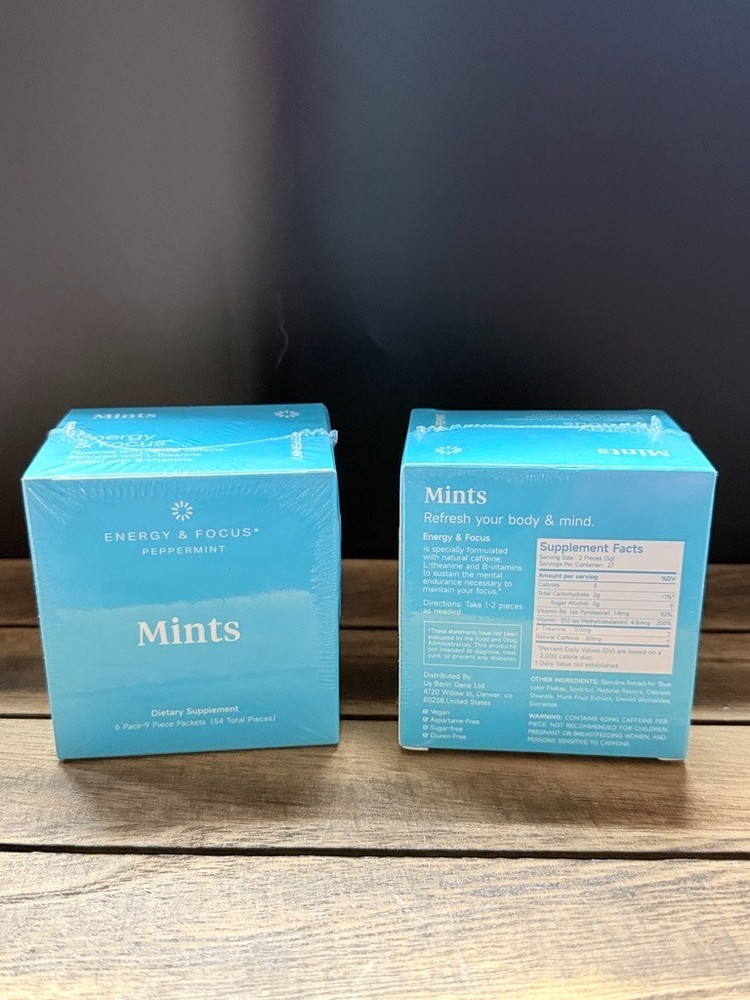2 Box Lot Energy Focus Peppermint Caffeine Mints 54 Pieces Each Exp 3/2027