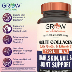 Grow Beyond Collagen Multi Collagen Capsules Types I II III V and X, with Biotin