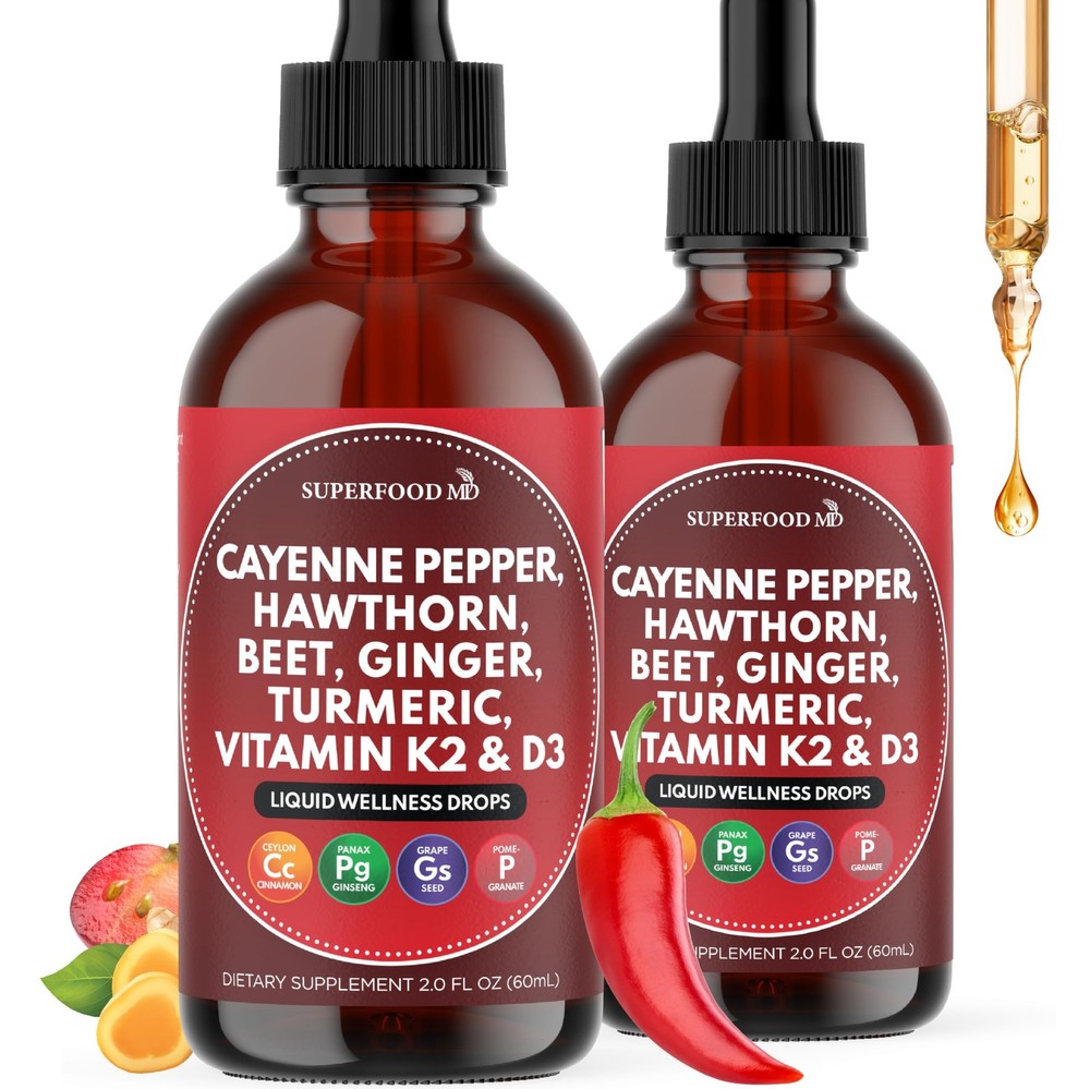 Cayenne Pepper Supplement Liquid Drops + Hawthorn Berry, Vitamin D3 K2 Beet Root