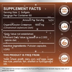Organic Ceylon Cinnamon Capsules 1800mg Blood Sugar Support Non-GMO, Gluten Free