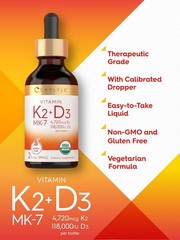 Vitamin D3 K2 MK7 Liquid Drops | 2 Fl Oz | Vegetarian, Non-GMO | by Carlyle