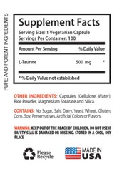 (1 Bottle, 100 Capsules) High Quality L-Taurine 500mg
