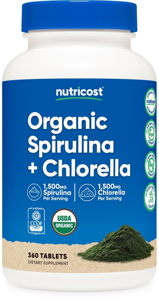 Organic Spirulina & Chlorella Tablets 3,000mg – Vegan, GMO-Free, Gluten-Free, 36