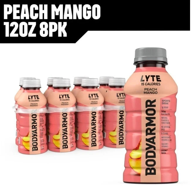 BODYARMOR Lyte Peach Mango Electrolyte Sports Drink Bottles, 12 fl oz, 8 Pack