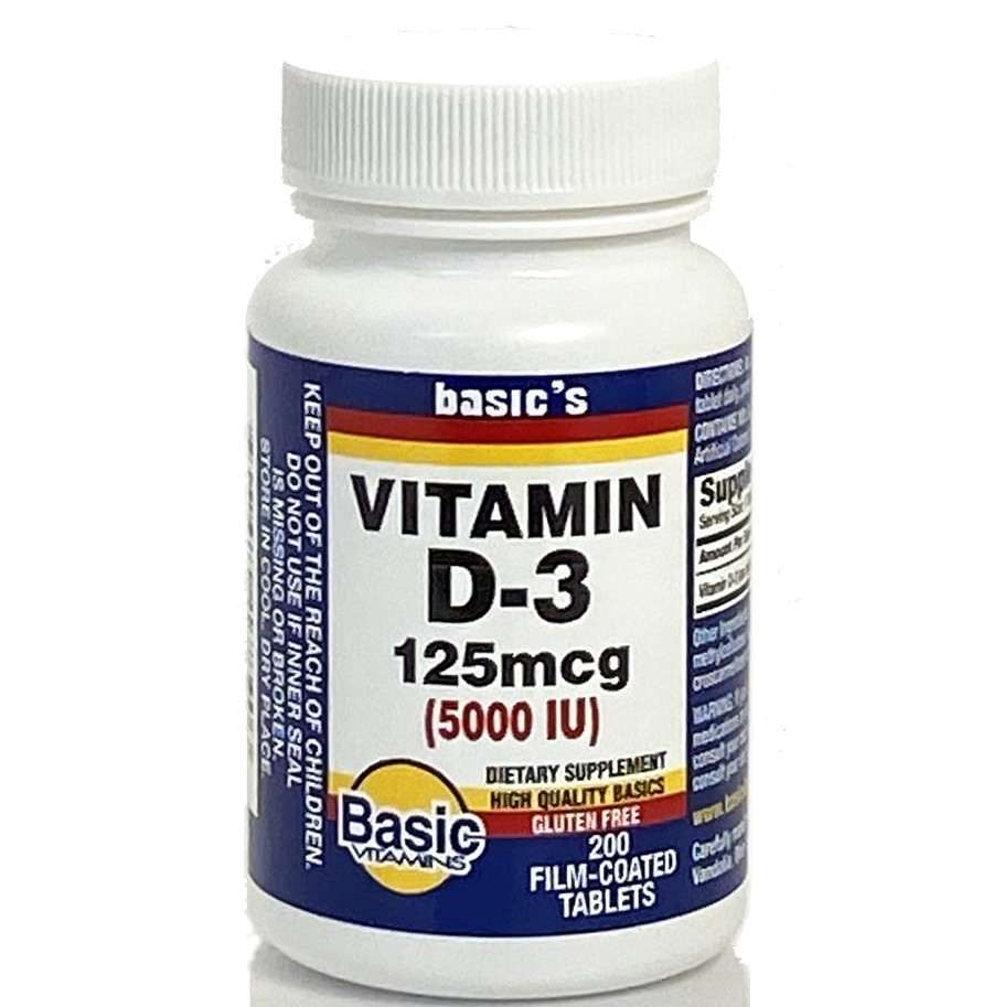 Basic Vitamin D3 D-3 125 mcg 5000 IU Tablet Dietary Supplement, 200 Count