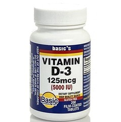 Basic Vitamin D3 D-3 125 mcg 5000 IU Tablet Dietary Supplement, 200 Count