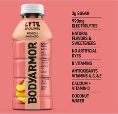 BODYARMOR LYTE Peach Mango Electrolyte Drink 20 Cal 16oz Bottles 6 Pack