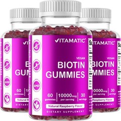 3 Pack Vitamatic Biotin Gummies 10000 mcg for Stronger Hair Skin Nails 60 Vegan