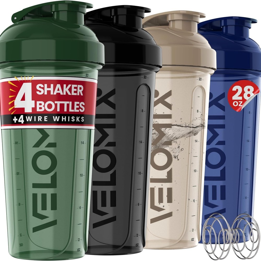 VELOMIX -4 PACK 28 Oz Protein Shaker Bottle for Protein Mixes – 4x Wire Whisk