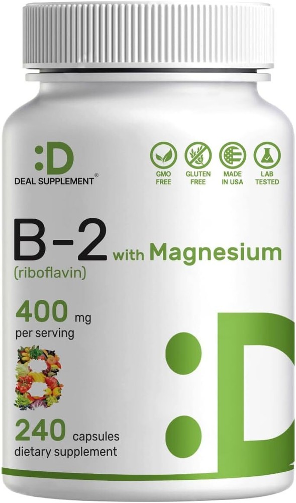 Vitamin B2 Riboflavin 400mg Magnesium Glycinate 400mg 240Cps Gluten Free/Non-GMO
