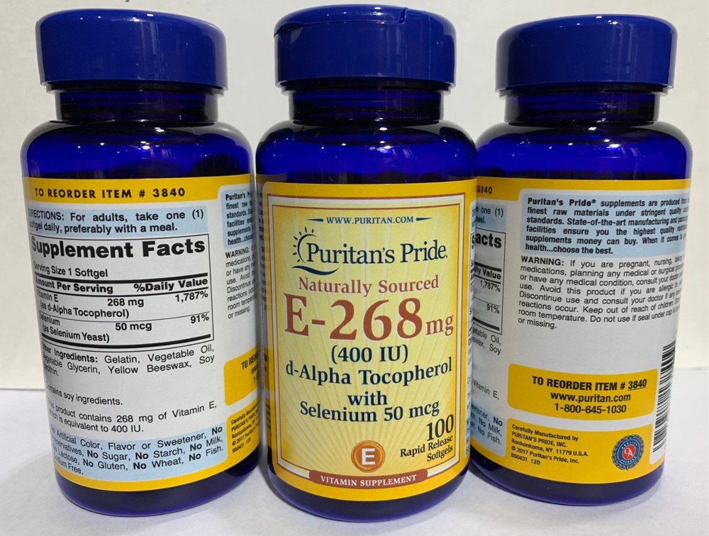 Puritan’s Pride Vitamin E-with Selenium 400 IU Natural – 100 Softgels -Pack of 3