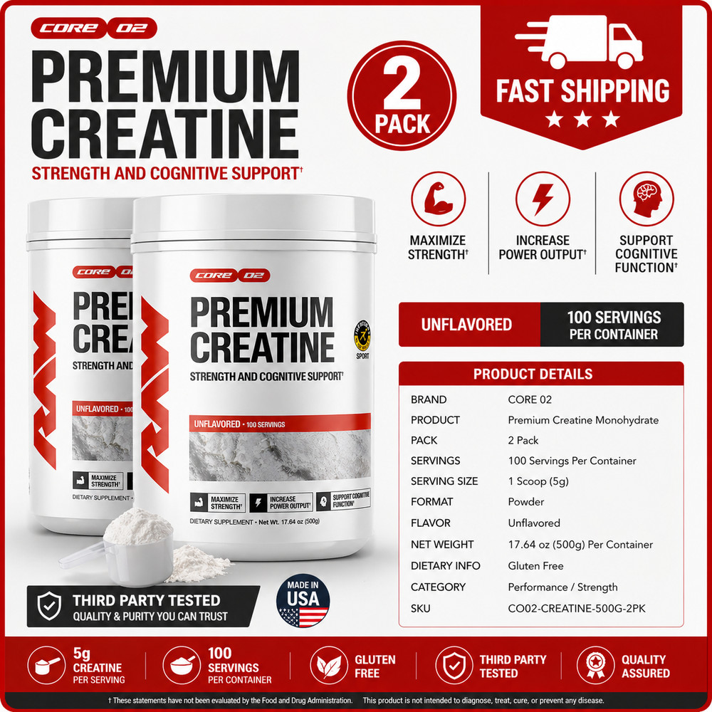 2 PACK RAW Nutrition Creatine Monohydrate Powder, 510g, 100 Servings, Unflavored