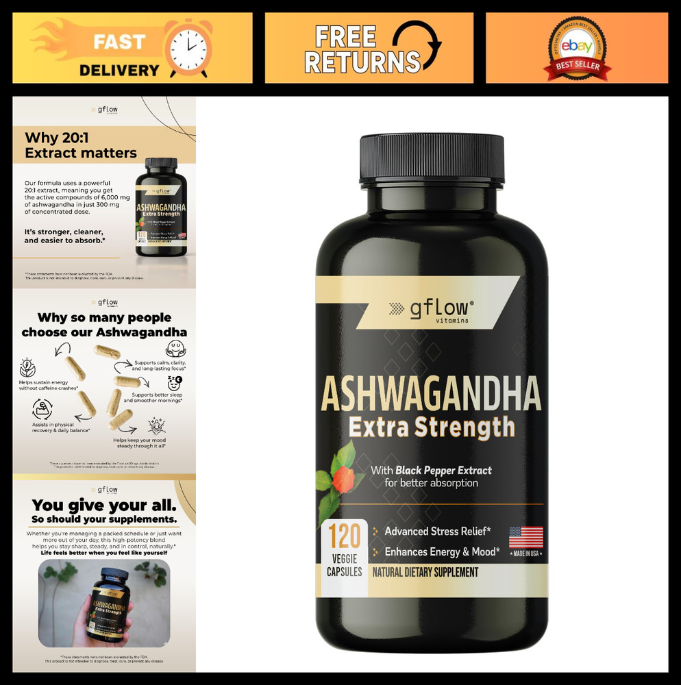 Extra Strength Ashwagandha Supplements for Sleep, Mood & Energy Support – Vegan,
