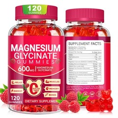 Magnesium Glycinate Gummies 600mg, Sugar 120 Count (Pack of 1), Raspberry