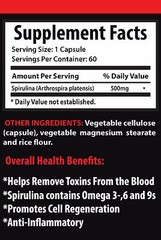 Natural Supplement – PURE SPIRULINA 500 Mg – Improves Digestion – 1 Bottle, 60 C