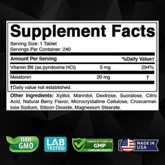 Melatonin 20mg 240 Fast Dissolve Tablets Natural Berry Flavor Non-GMO Drug-Free