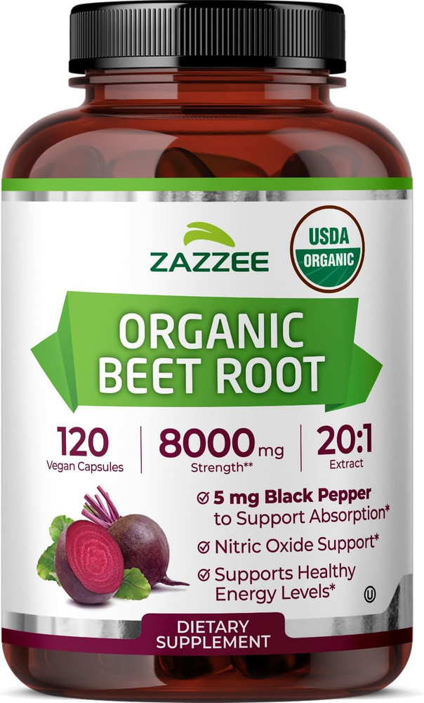 Zazzee USDA Organic Beet Root 8000 Mg Strength 20:1 Extract, 120 Vegan Quick Rel