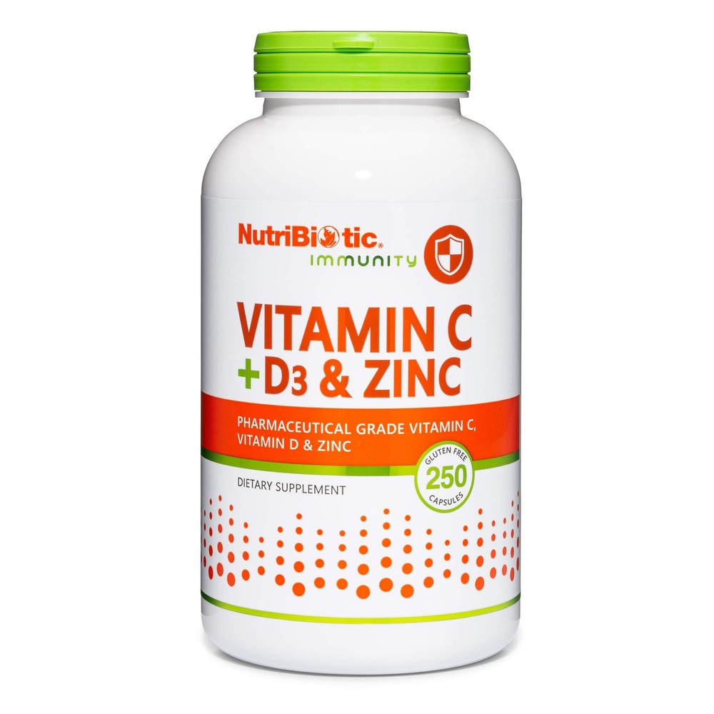 NutriBiotic – Vitamin C + D3 & Zinc, 250 250 Count (Pack of 1), Red