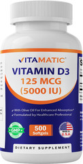 Vitamatic Vitamin D3 5000 IU (125 mcg) – 500 Mini Softgels Olive Oil-Based