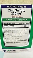 Gendose Gluten Free Zinc Sulfate Dietary Supplement Capsules 220 mg 100 Count