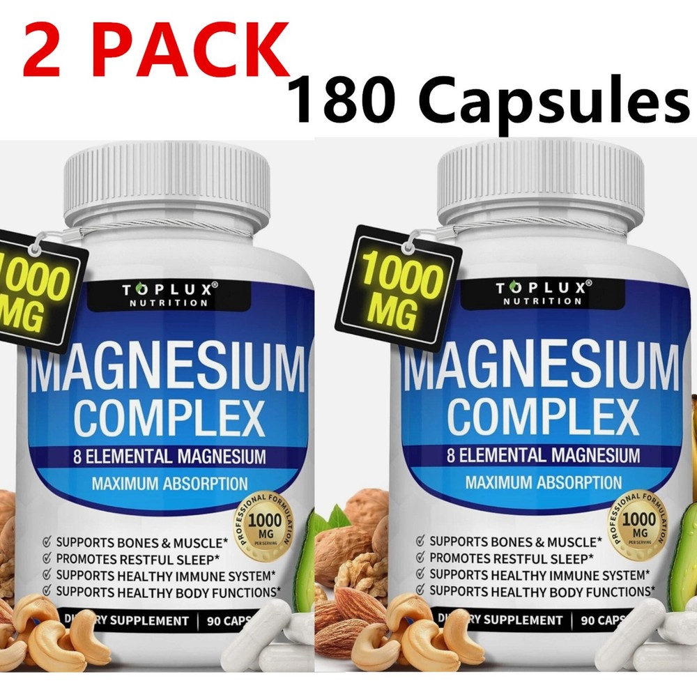 2Pack Magnesium complex supplement: 1000mg of 8-element magnesium, 180 capsules