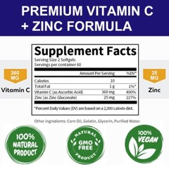 Vitamin C & Zinc Complex Capsules Heart Health Immune Support Energy Boost 120pc