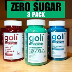 3 PACK Goli Zero Sugar ACV+,Pre+Post+Probiotics, and Ashwagandha+ Gummies Bundle