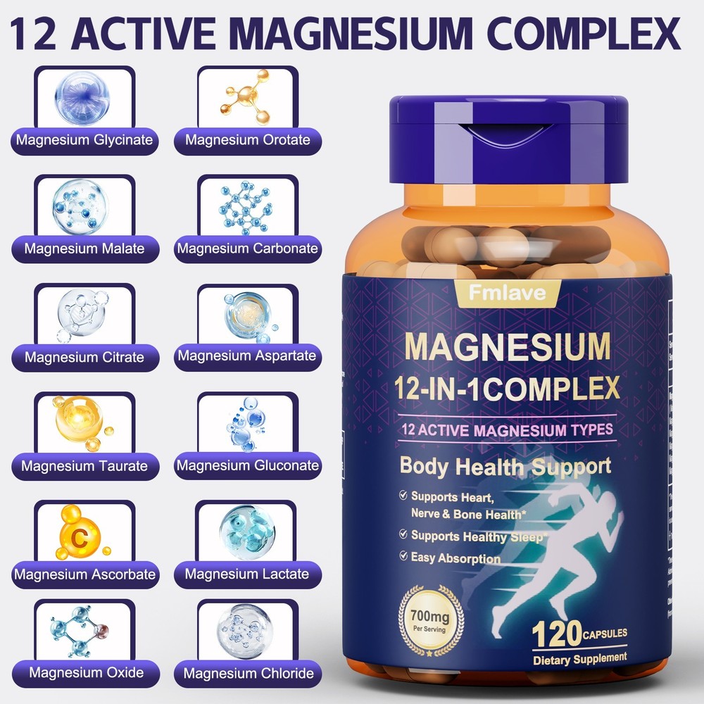 Magnesium Complex Supplement, 700 mg, 12 in 1 High Absorption Chelated Magnesium