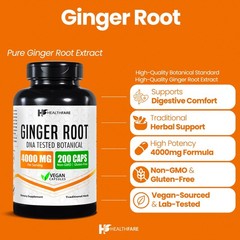 Ginger Root Capsules 4000mg | 200 Pills | Highest Potency Supplement HealthFare